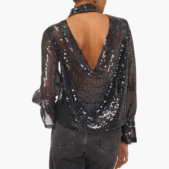 NWT 1.State Black Drape Back Sequin Top Size XS - Picture 2 of 7